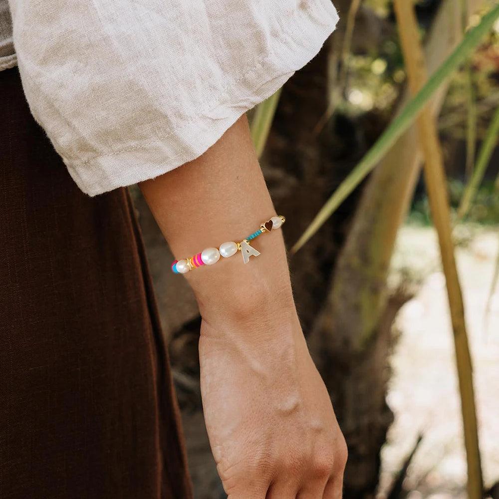 Handmade Initial Letter Stone Pearl Bracelet - zuzumia