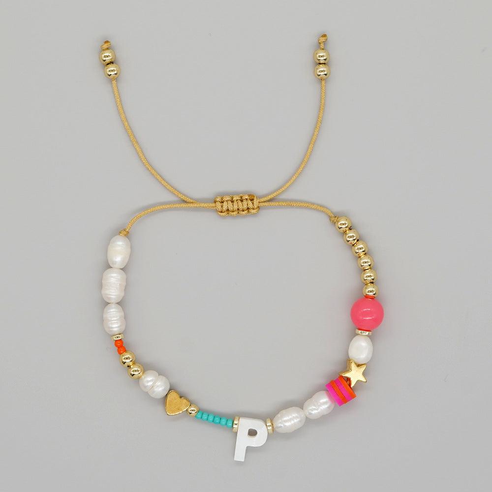 Handmade Initial Letter Stone Pearl Bracelet - zuzumia