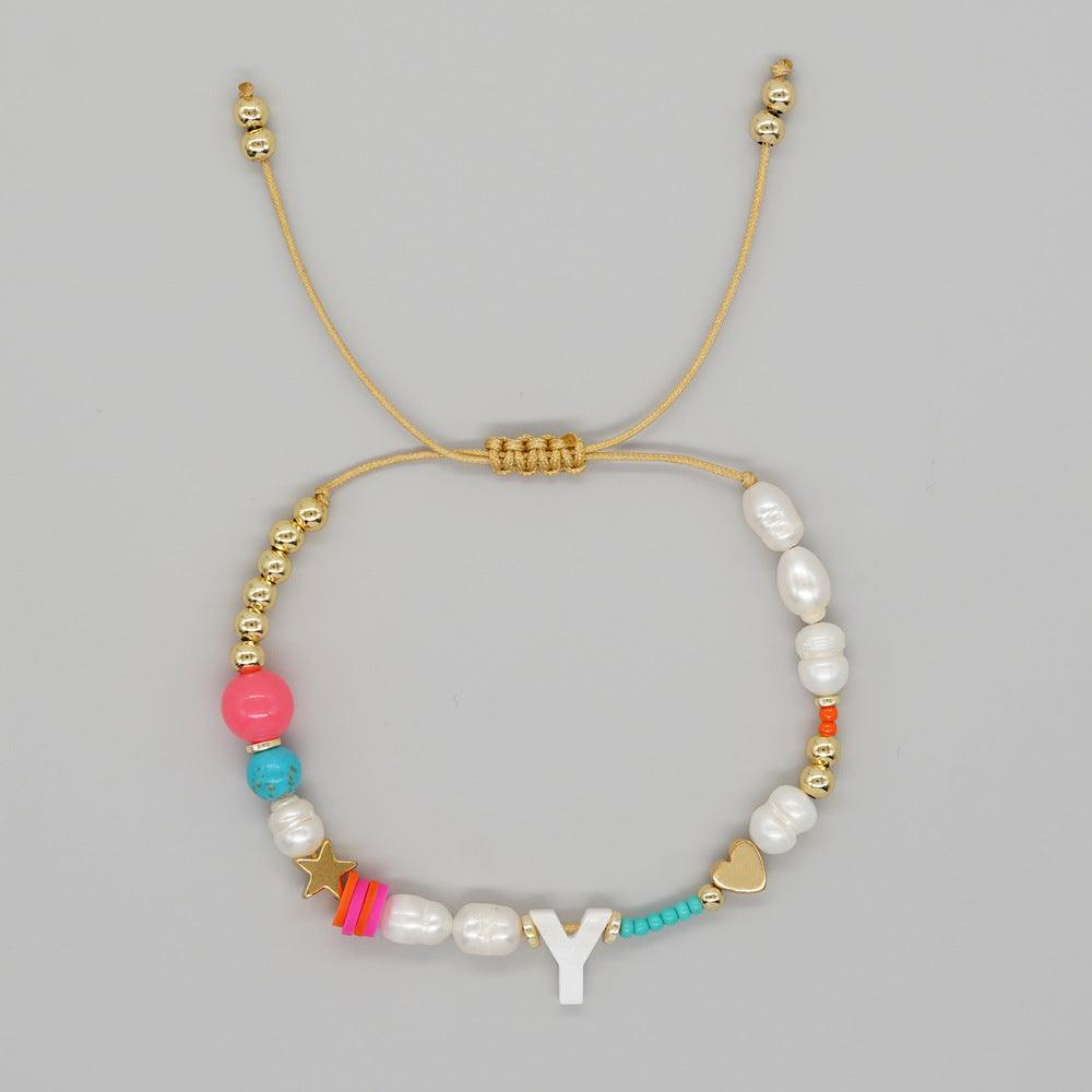 Handmade Initial Letter Stone Pearl Bracelet