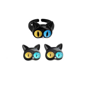 Funny Cat Monster Ring Earrings Set