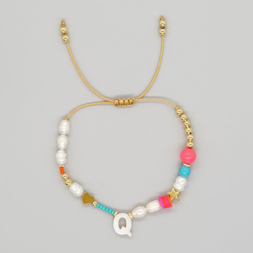 Handmade Initial Letter Stone Pearl Bracelet - zuzumia