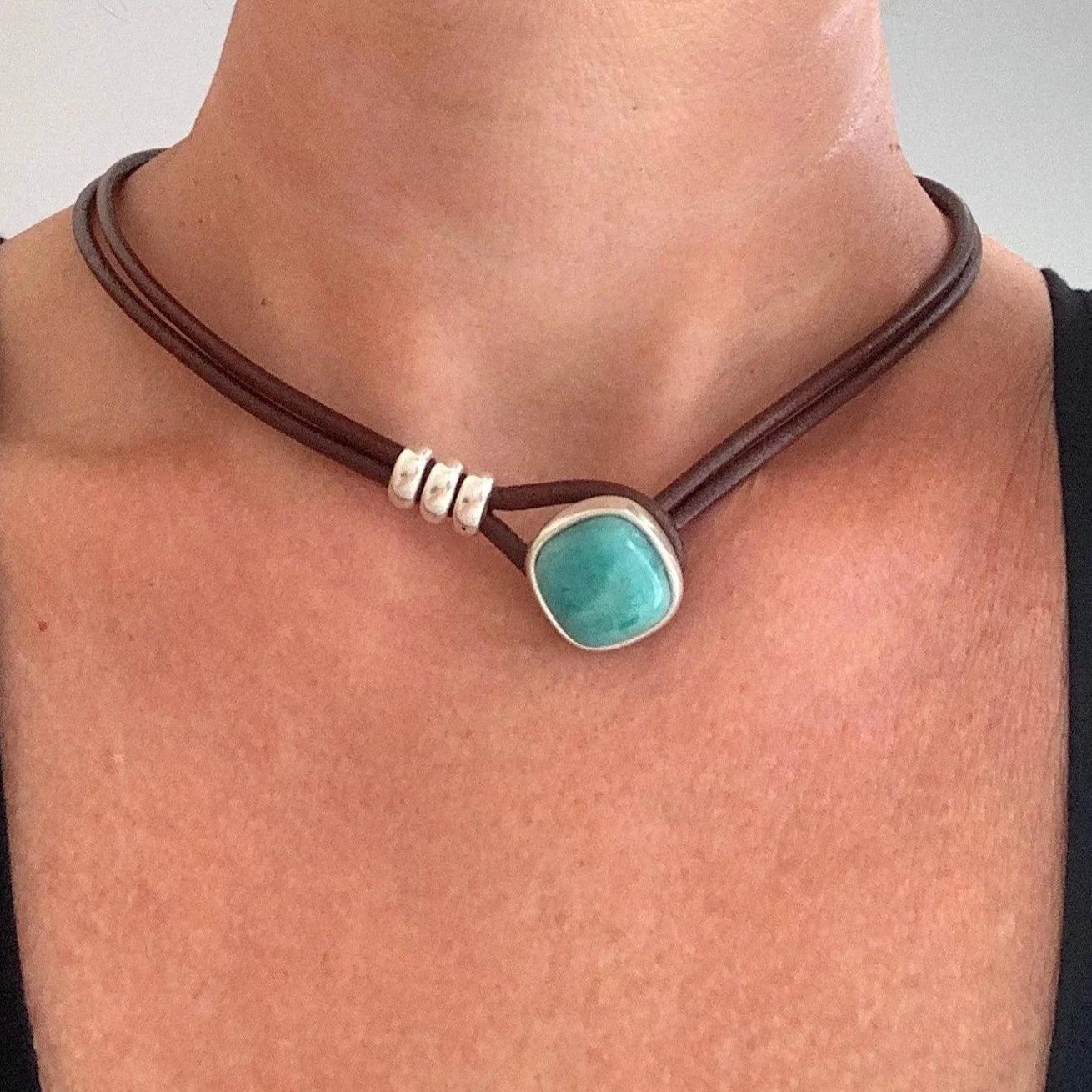 Turquoise Leather Choker Necklace