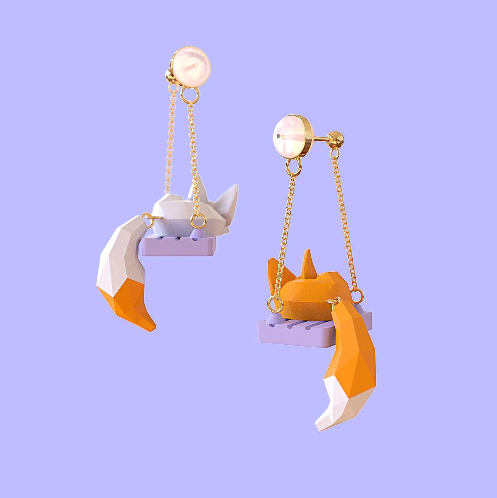 Creative 3D Cartoon Fox Cat Swing Earrings