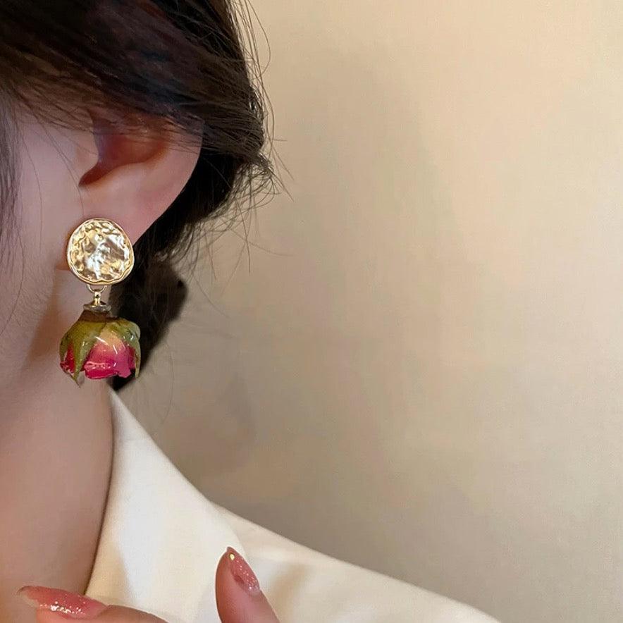 Pressed Flower Earrings - Gold plated Rose