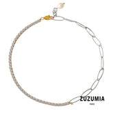 Patchwork Chain Zircon Pearl Pendant Necklace