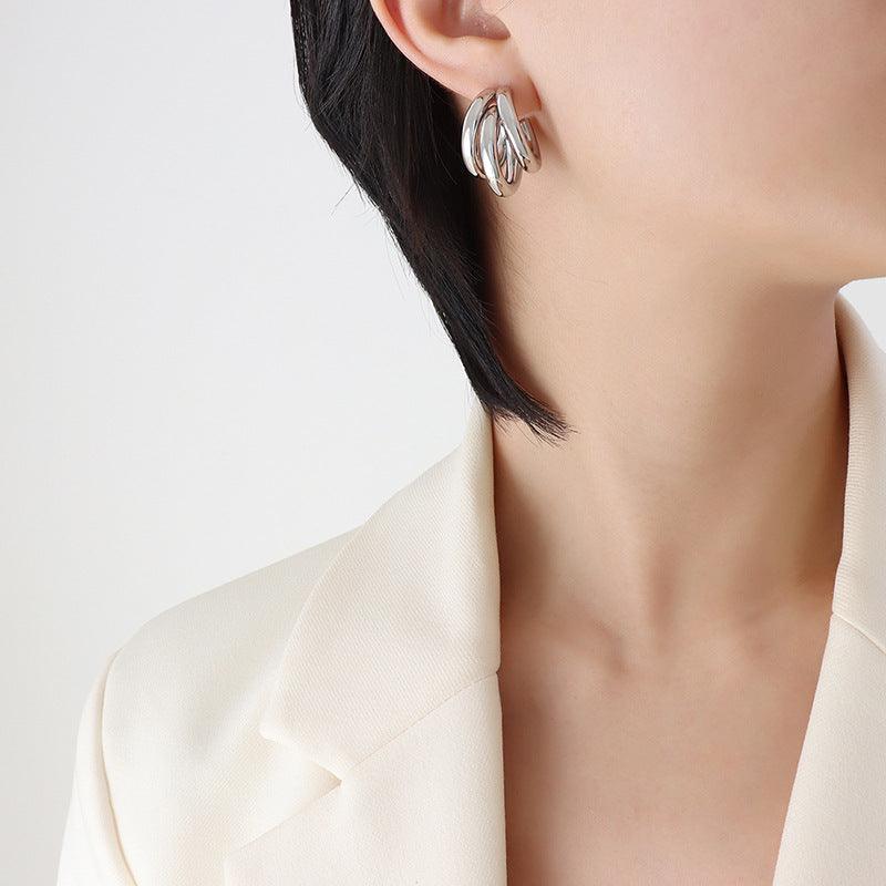 Three-layer C-shaped Hollow Round Tube Earrings