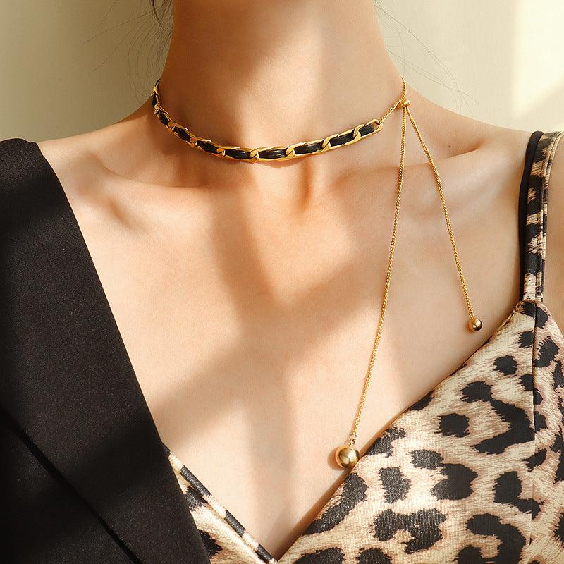 Leather Rope Chain Tassel Pull Necklace - zuzumia