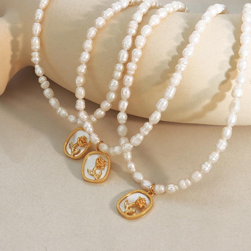 Freshwater Pearl Rose Pendant Necklace - zuzumia