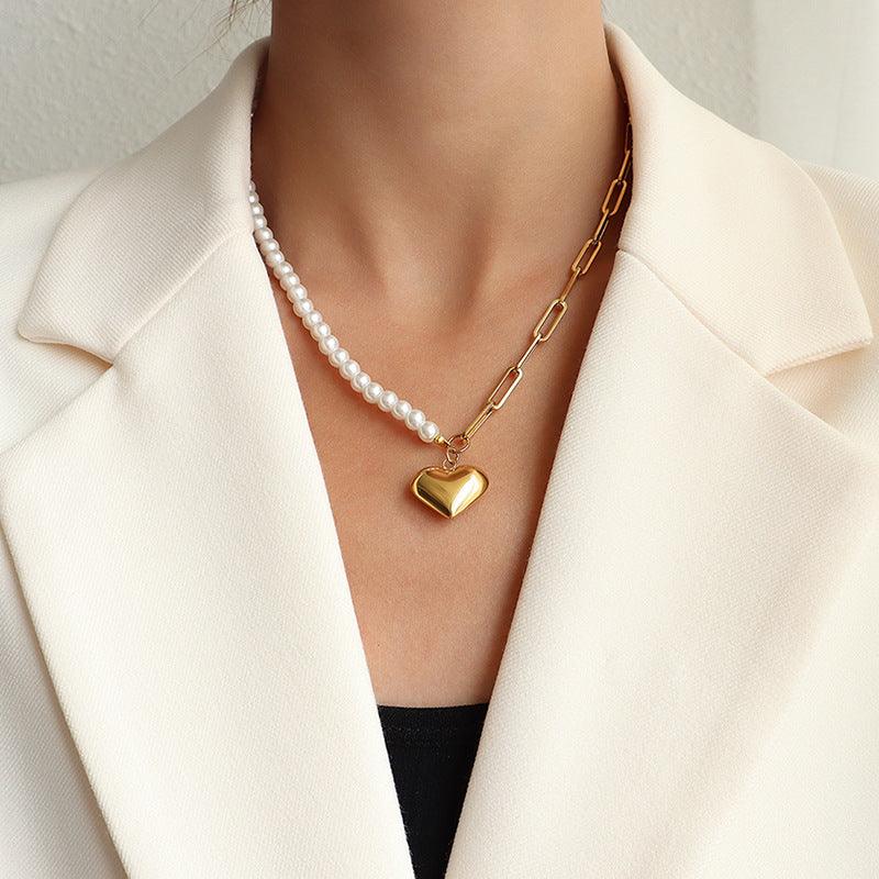 Stainless Steel Pearl Peach Heart Necklace - zuzumia