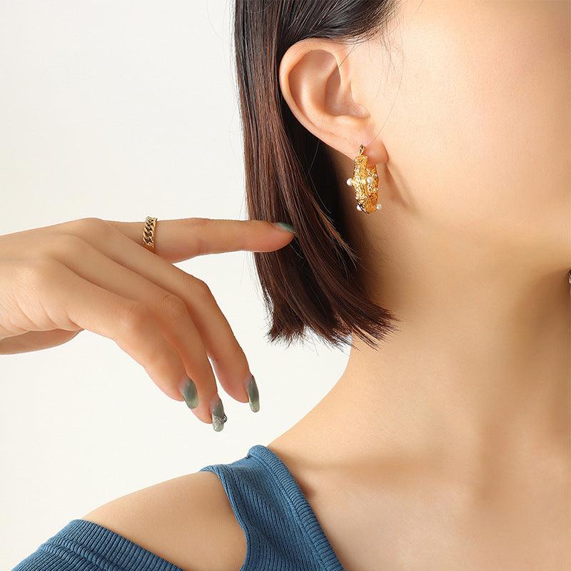 U Shaped Pearl Zircon Hoop Earrings - zuzumia