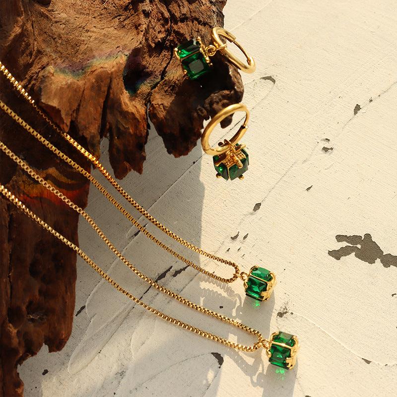 Green Zircon Pendant Necklace & Hoop Earrings