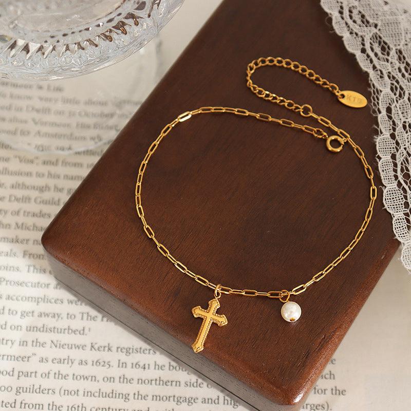 Cross Pendant Pearl Accessories Chain Anklet - zuzumia