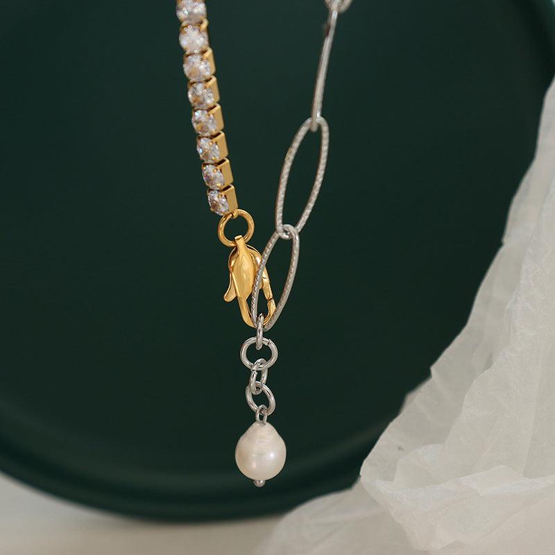 Patchwork Chain Zircon Pearl Pendant Necklace - zuzumia