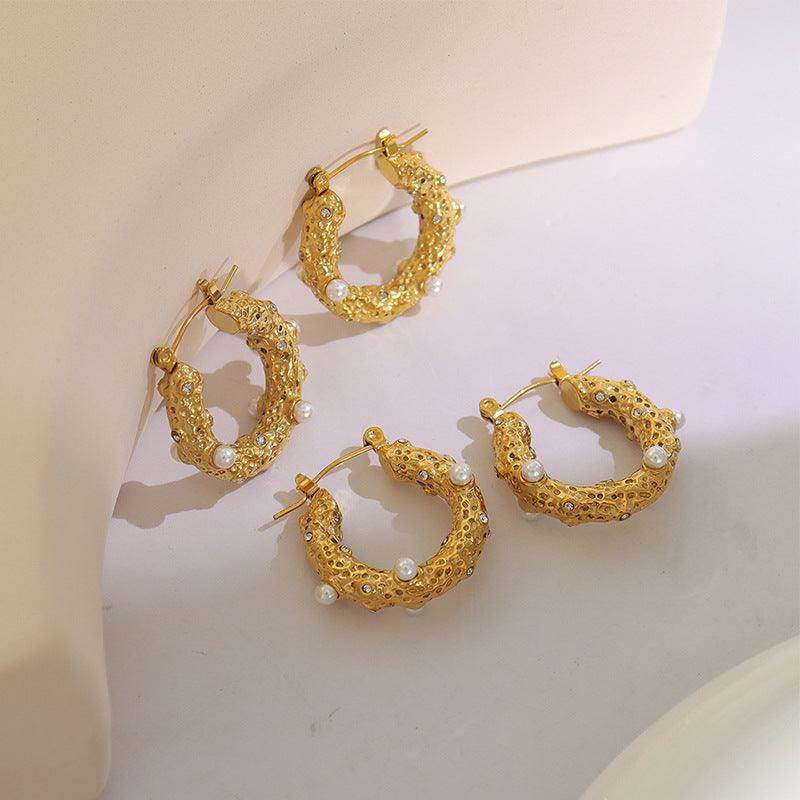 U Shaped Pearl Zircon Hoop Earrings - zuzumia