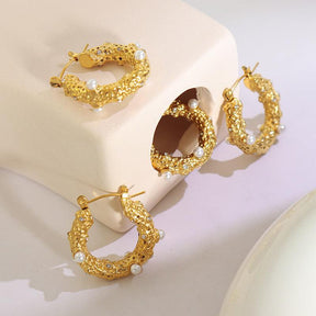 U Shaped Pearl Zircon Hoop Earrings - zuzumia