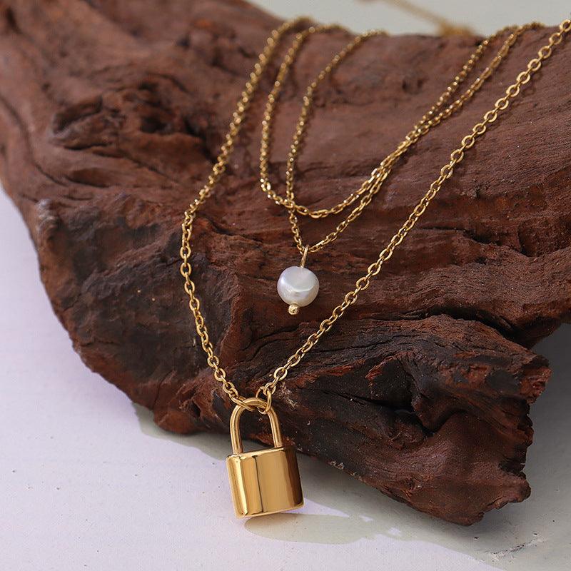 Pearl Double Layered Lock Pendant Necklace - zuzumia