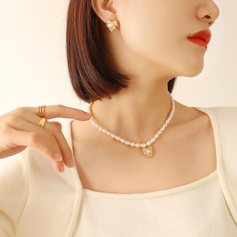 Natural Freshwater Pearl Heart Pendant Necklace & Earrings - zuzumia