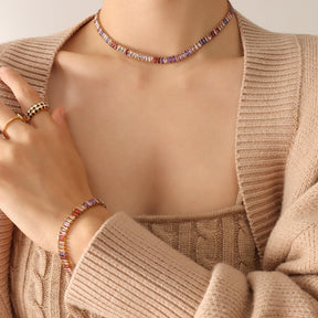 Multicolor Geometric Zircon Necklace & Bracelet