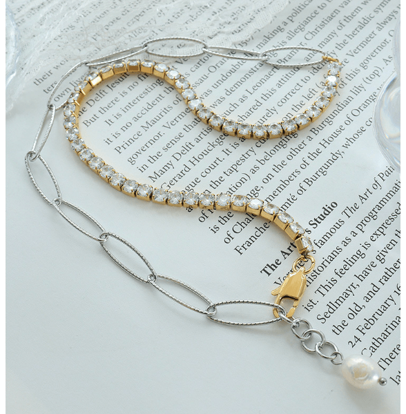Patchwork Chain Zircon Pearl Pendant Necklace - zuzumia