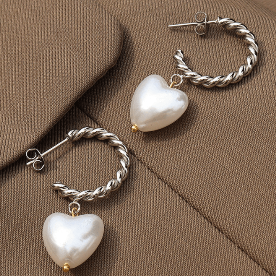 Peach Heart Pearl Hoop Earrings