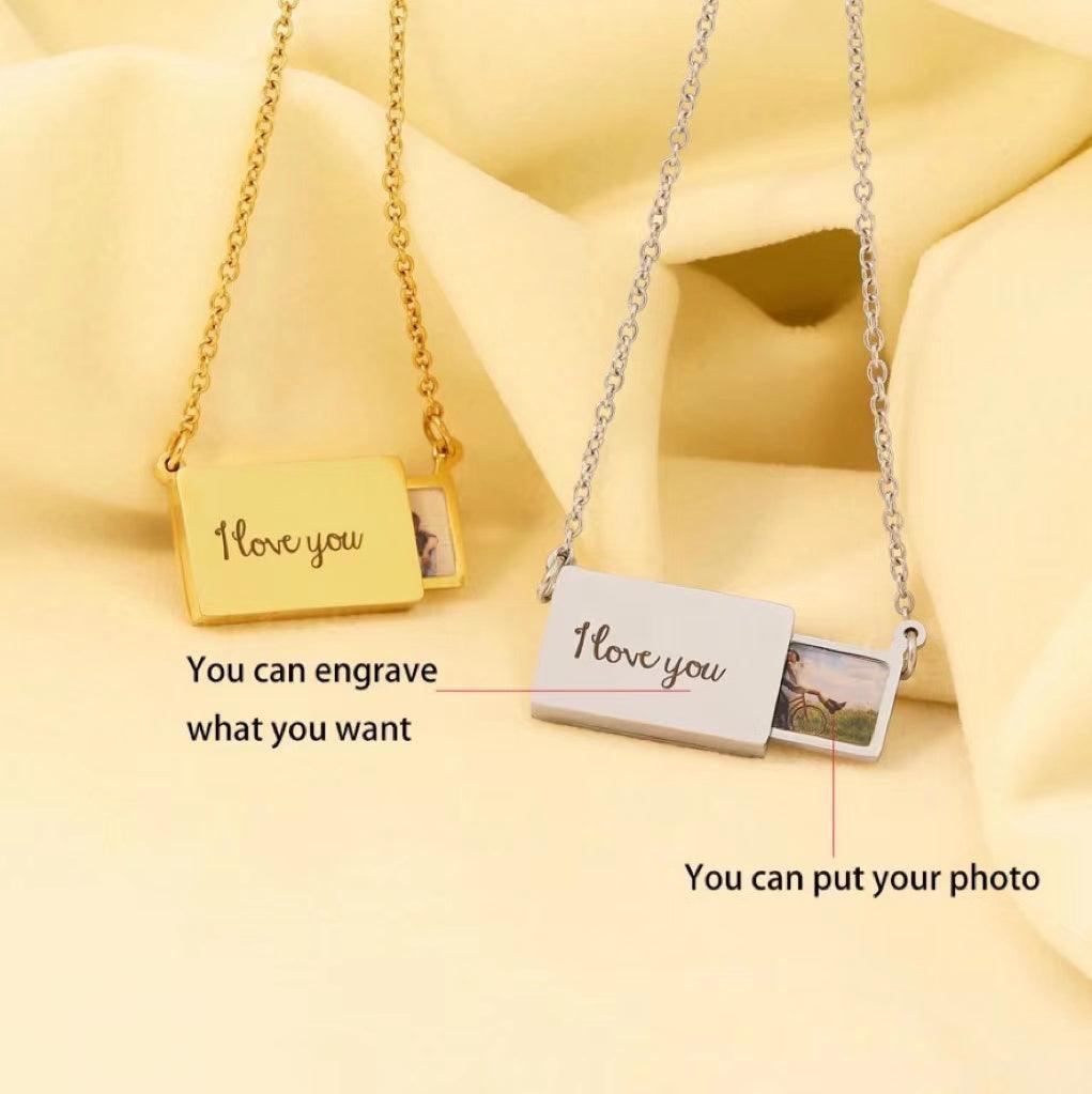 Custom Photo Engrave Lettering Envelope Pendant Necklace